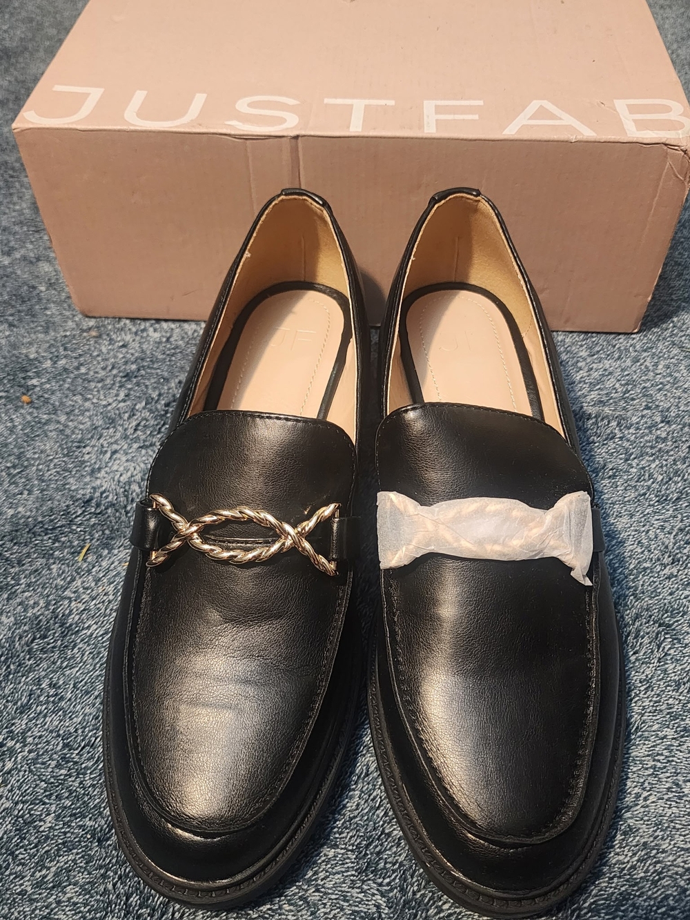 JustFab Black Leather Slip-On Loafers with Twisted Gold Accent